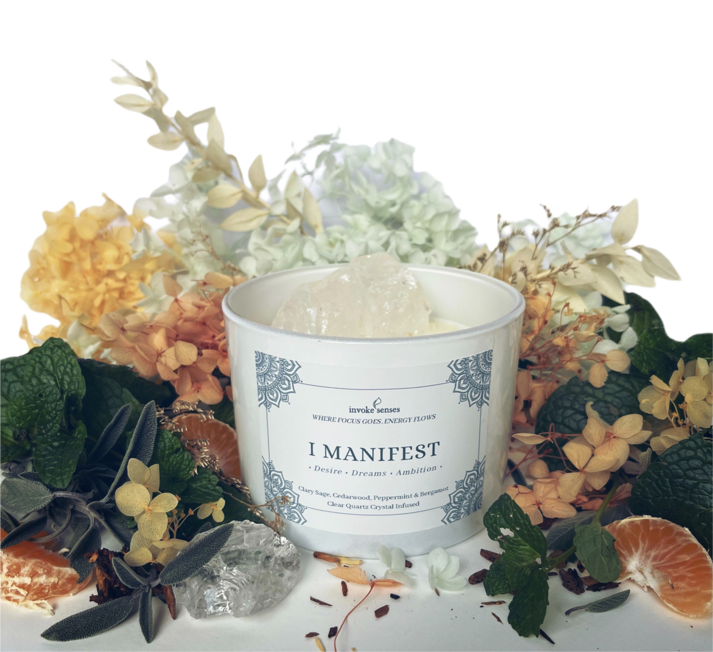 I MANIFEST CLEAR QUARTZ CRYSTAL CANDLE