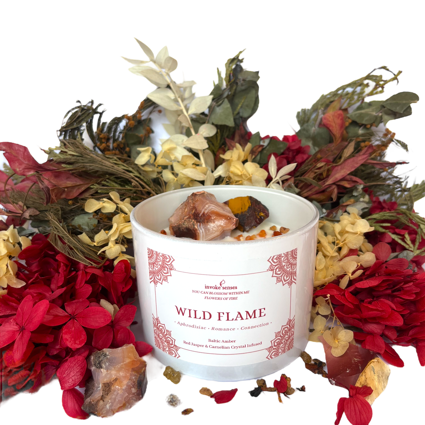 WILD FLAME RED JASPER & CARNELIAN CRYSTAL CANDLE